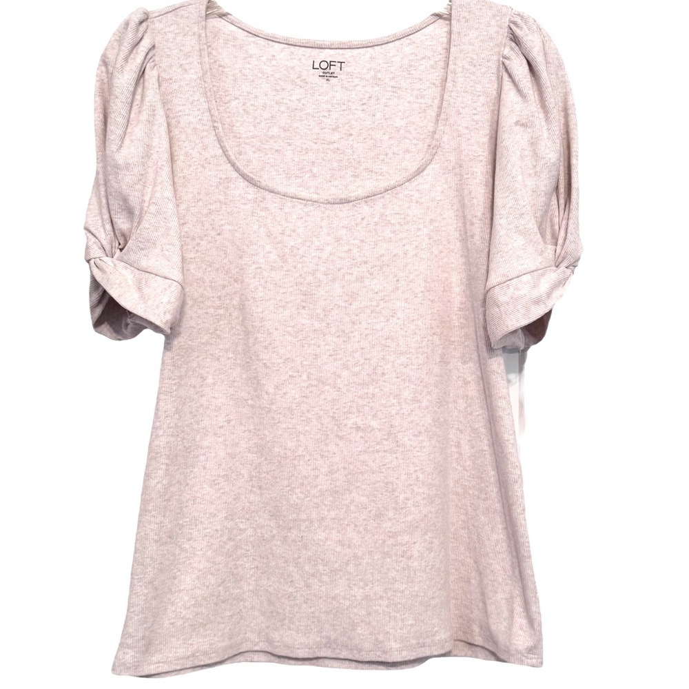 LOFT Size L Oatmeal Ribbed Knit Scoop Neck Cotton-Spandex Top Ruched Sleeves